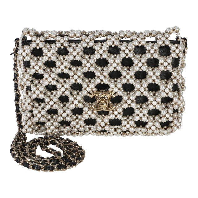Black Gold Metal Pearl Embellished Mini Flap Bag For Sale