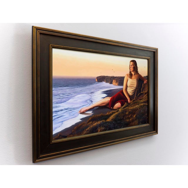 Contemporary Citadel by Austin Howlett | Oil on Artefex panel Woman sitting by the ocean at sunset. For Sale - Image 3 of 4