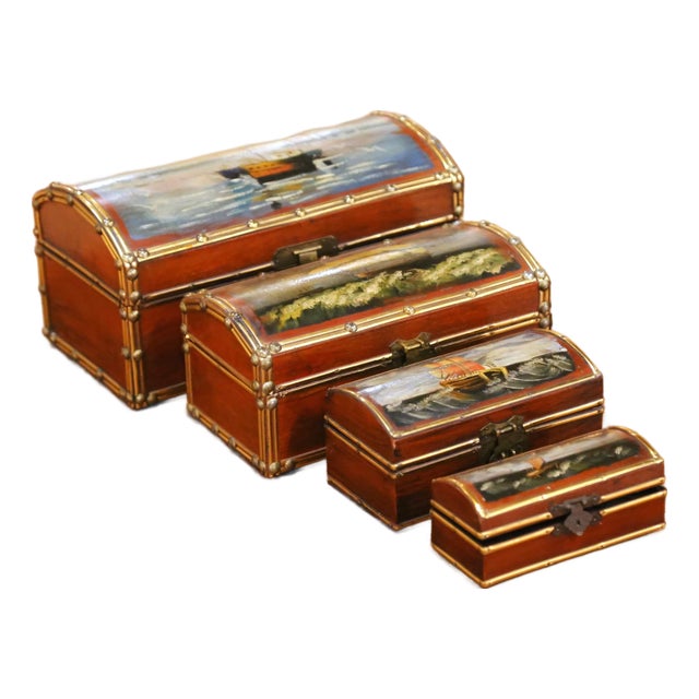 Set of Four Vintage Hand-Painted Wooden Treasure Boxes With Maritime Scenes For Sale