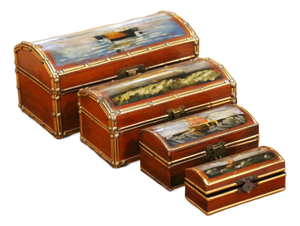 Set of Four Vintage Hand-Painted Wooden Treasure Boxes With Maritime Scenes