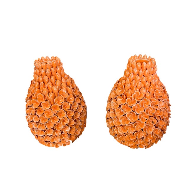 2000 - 2009 Pair of Vintage Mid-Century Italian Glazed Ceramic Trompe l'Oeil Floral Vases For Sale - Image 5 of 12