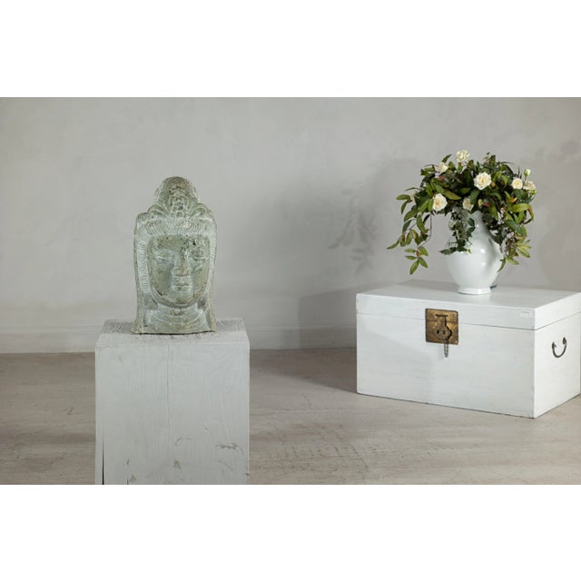 Hand-Carved Vintage Chinese Stone Quán Yīn Head Sculpture with Natural Patina For Sale - Image 9 of 12