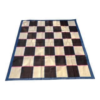 Handmade Reversible Cotton Vegetable Dyed Cream, Brown and Blue Checker Board Area Rug-6'x9' For Sale