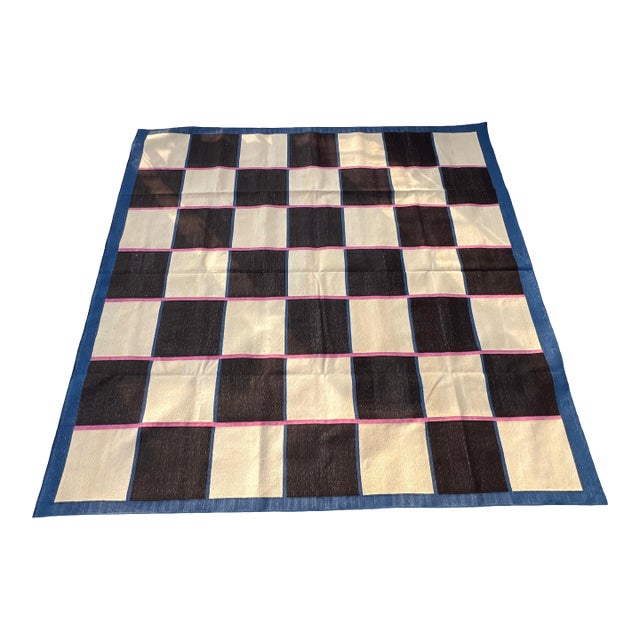 Handmade Reversible Cotton Vegetable Dyed Cream, Brown and Blue Checker Board Area Rug-6'x9' For Sale