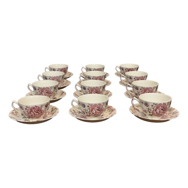 Rose Chintz Pattern Coffee and Tea Service for Twelve People in English Porcelain from Johnson Bros, Set of 12 For Sale