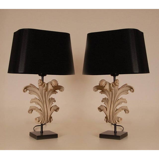 Vintage Table Lamps French Country Taupe Carved Wood Acanthus Leaf Tariff Free Delivery - A Pair For Sale - Image 10 of 12