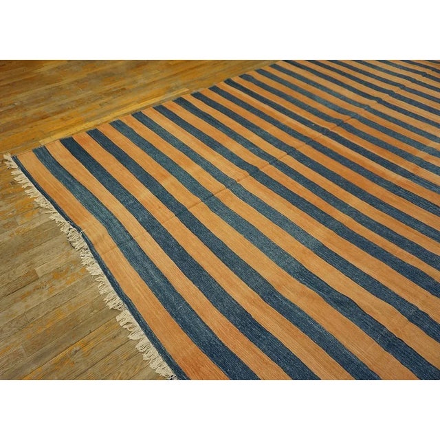 Apricot 1920s Apricot Blue Stripe Antique Indian Cotton Dhurrie Carpet 9'7" X 15'3" Flatweave Wool Rug For Sale - Image 8 of 12