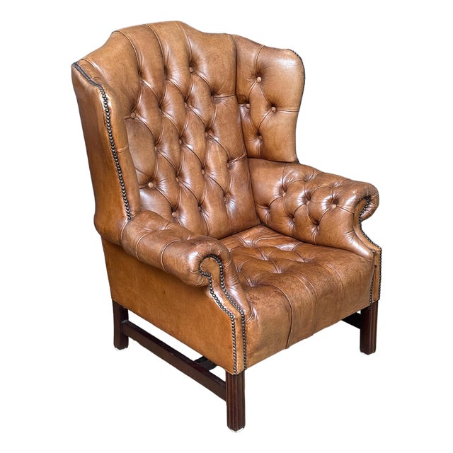 Large English Wing Back Chair of Tufted Tanned Leather With Nail-Head Trim For Sale