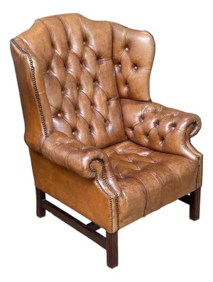 Large English Wing Back Chair of Tufted Tanned Leather With Nail-Head Trim