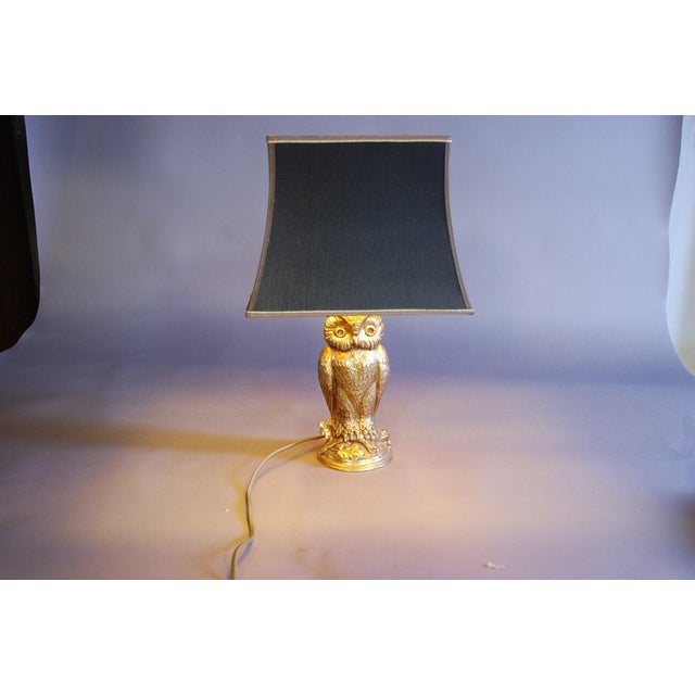 Gold-Toned Owl Table Lamp with Black Shade attributed to Loevsky & Loevsky, 1960s For Sale - Image 4 of 5