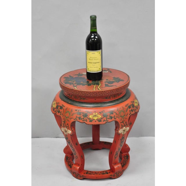 Vintage Chinoiserie Red Lacquer Hand Painted Pedestal Plant Stand Garden Stool Side Table (A). Circa Mid 20th Century....