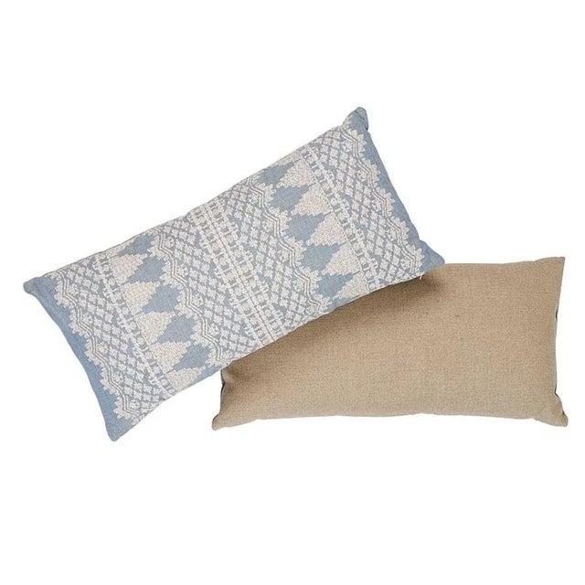Rustic Schumacher Wentworth Embroidery Lumbar Pillow in Chambray For Sale - Image 3 of 5
