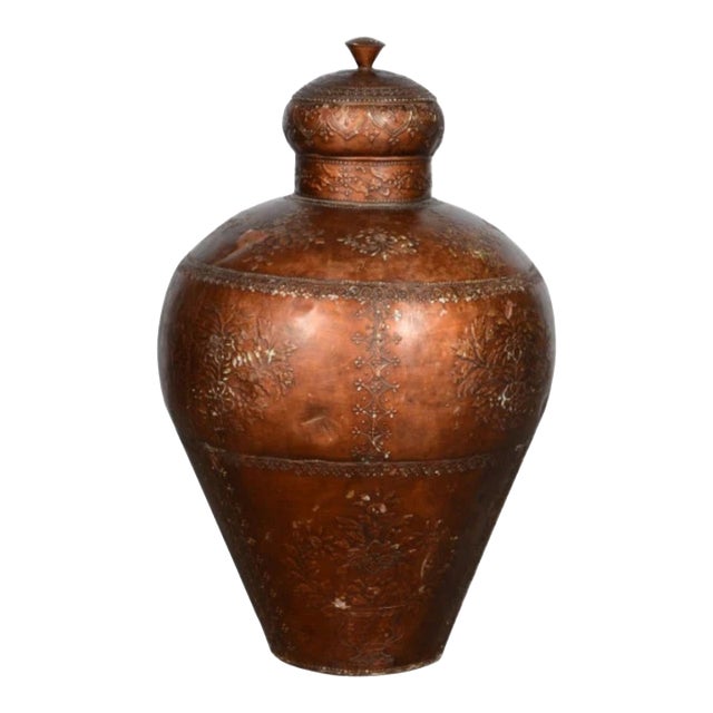 Large 35" Tall Handcrafted Antique Copper Vessel With Lid | Embossed Floral Metal Floor Vase | Rustic Indian Royal Statement Home Decor For Sale