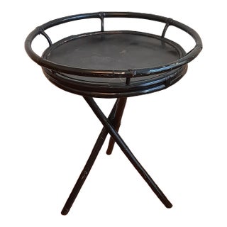 Round Black Tripod Bamboo Tray Table Chinoiserie For Sale