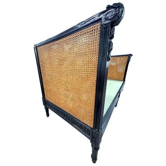 Vintage Black High-Gloss Lacquer Double-Caned Daybed With Custom Tiger Upholstery For Sale - Image 13 of 16