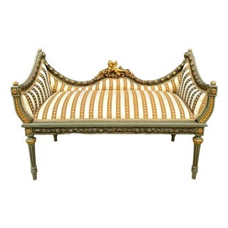 French Style Golden Settee – Damask Upholstery With Gold Leaf Details For Sale