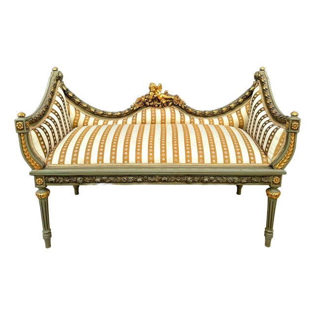 French Style Golden Settee – Damask Upholstery With Gold Leaf Details For Sale