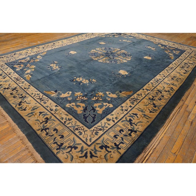 Traditional Medallion Floral Blue Field 1920s Antique Chinese Rug 10'3" X 13'9" For Sale - Image 4 of 9