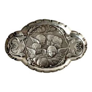 Antique Circa 1896 Victorian London England Sterling Silver Trinket Tray With Angels by William Comyns & Sons