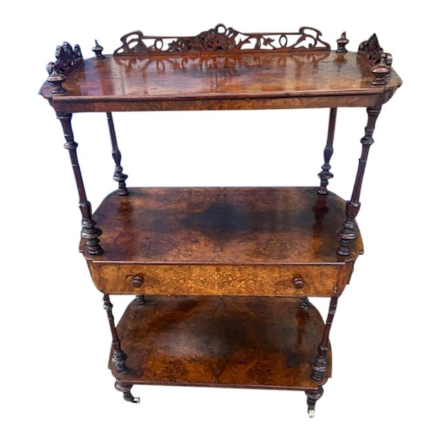 Antique Walnut English 3 Tier Whatnot Server Satinwood Inlay For Sale