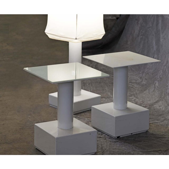 Bedside Tables and Floor Lamp by Ludwing Mies Van Der Rohe for Alivar, Set of 3 The tables are made of metal and glass....