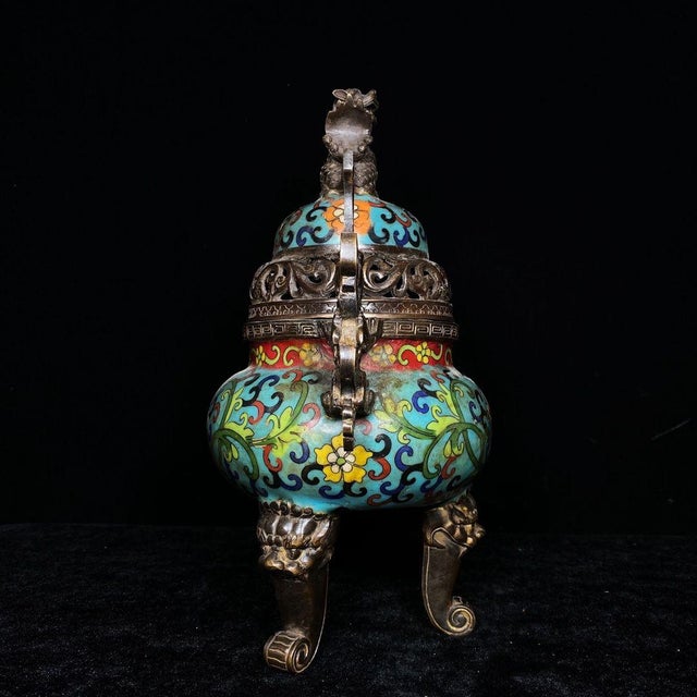 Blue Vintage Cloisonné Enamel Dragon-Handled Tripod Censer With Qianlong Mark For Sale - Image 8 of 9