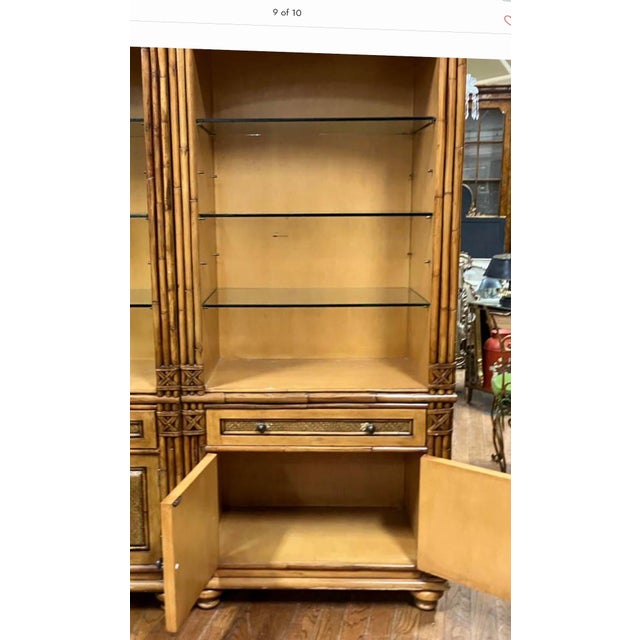 1980s Regency Coastal Style Faux Bamboo Fruitwood Bookcases / Display Cabinets - S/2, Pair For Sale - Image 10 of 11