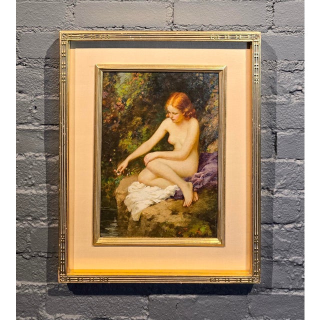 Joseph Tomanek- Nude Female Picking Flowers by the River- c1920s Oil Painting American Impressionist - Oil Painting on...