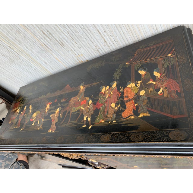 Wood Early 20th Century Black Lacquer & Hand Painted Open Altar Table or Sideboard with Mirror For Sale - Image 7 of 18