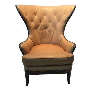 Designer Knoll Upholstered High Wingback Saddle Leather Chair For Sale