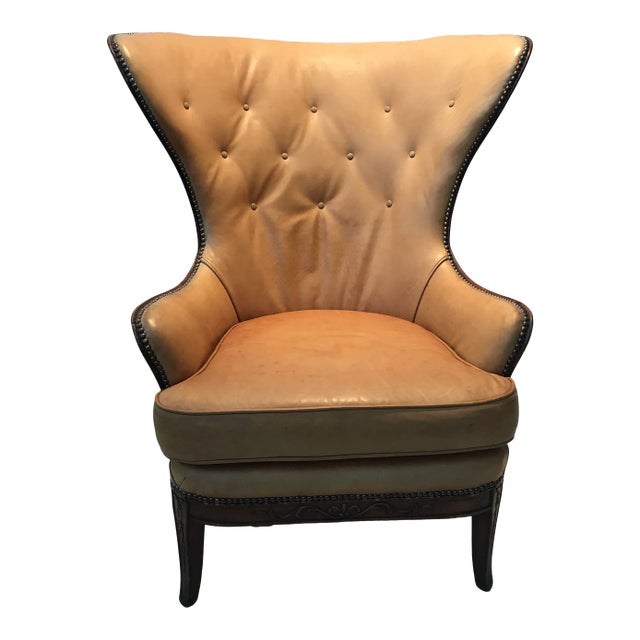 Designer Knoll Upholstered High Wingback Saddle Leather Chair For Sale