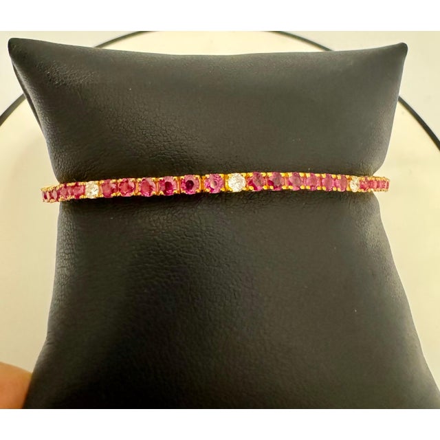 Gemstone Natural Round Ruby & Diamond Tennis Bracelet 14 Karat Yellow Gold 6.75 Inch For Sale - Image 7 of 18
