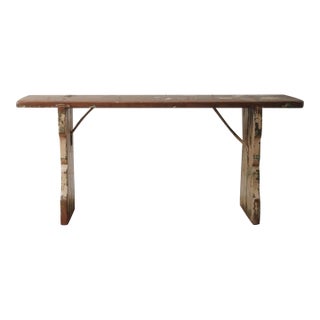 Late 20th Century Primitive Wooden Bench With Original Chippy Paint and Rustic Patina For Sale