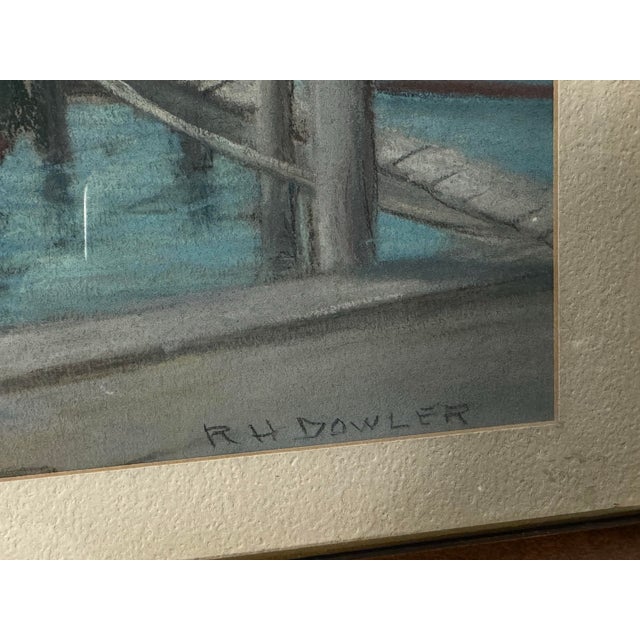 Vintage Dockside Landscape Framed Pastel Watercolor Painting W Backside of Boat For Sale - Image 4 of 6