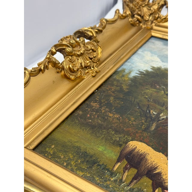 Gold Mid 20th Century Signed European Pastoral Oil Painting in Ornate Rococo Gilt Frame With Grazing Sheep For Sale - Image 8 of 12