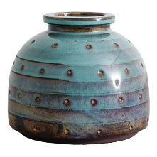 Mid-Century Swedish Decorative Turquoise Blue Stoneware Farsta Vase by Wilhelm Kåge for Gustavsberg, 1940s For Sale