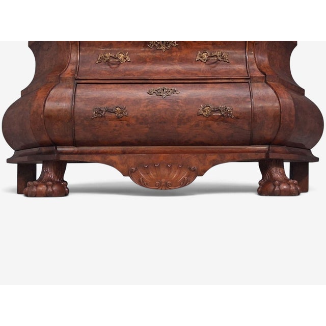 Dutch Baroque Style, Large Bombe Bookcase, Burr Walnut, Glass, England, 1940s For Sale - Image 12 of 15