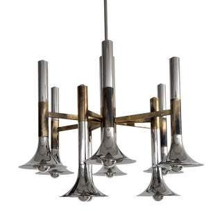 Large Italian Chrome and Brass Trumpet Chandelier attributed to Lumi Milano, 1970s For Sale