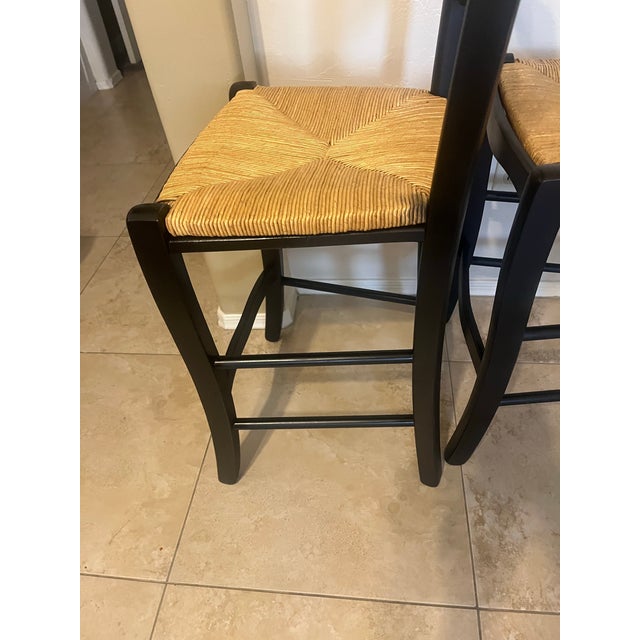 Mid 20th Century Country French Style Black Rush Seat Barstools- A Pair For Sale - Image 10 of 12