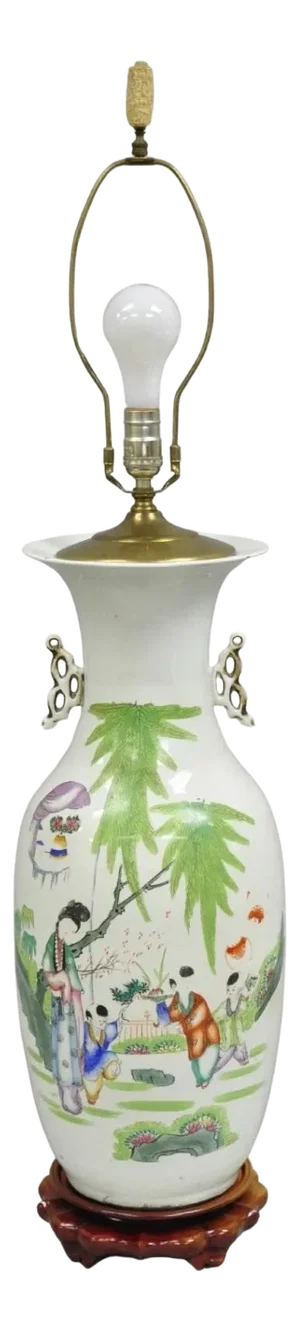 Mid 20th Century Vintage Chinese Export Large White Porcelain Figural Jardiniere Table Lamp