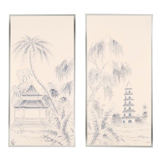 "Blue Pagoda Garden" Chinoiserie Framed Silk Panel Diptychs by Jardins en Fleur - Set of 2 For Sale