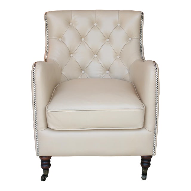 Wellington Antique Ivory Leather Chair For Sale