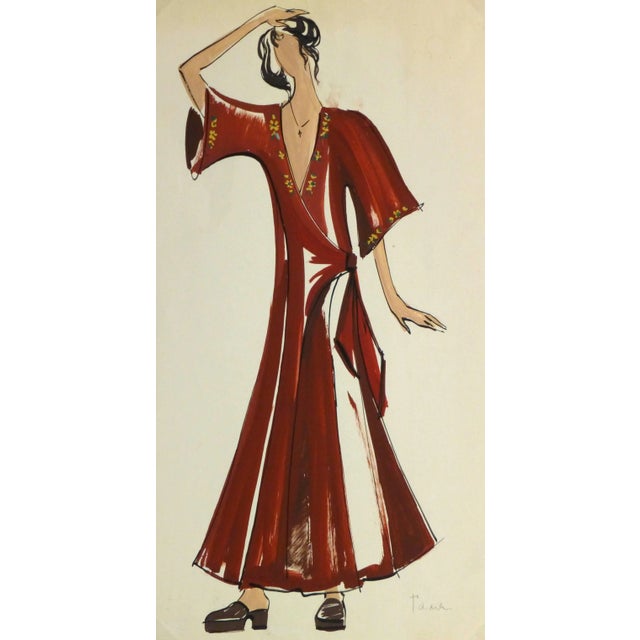 1980s French Fashion Sketch - Red Wrap Dress For Sale - Image 5 of 5