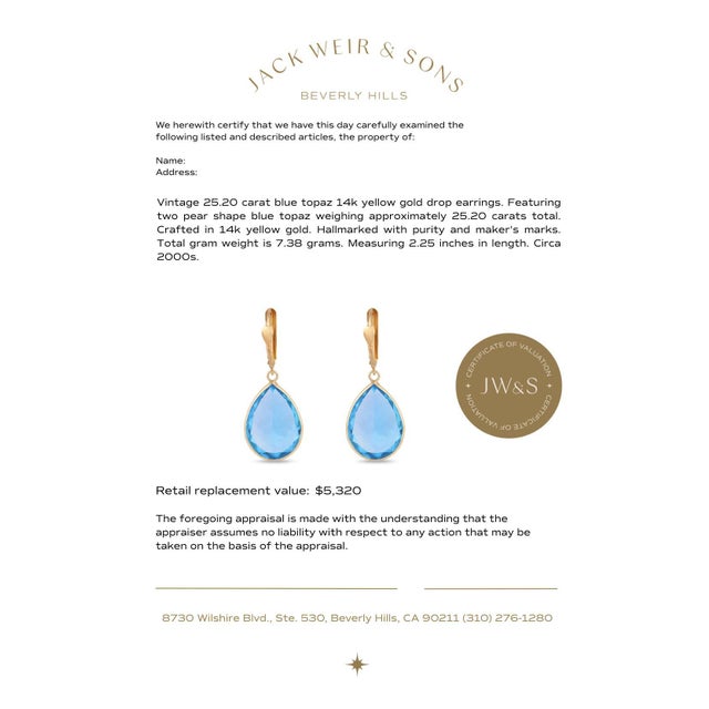 Mid 20th Century Vintage 25.20 Carat Blue Topaz 14k Yellow Gold Drop Earrings, A Pair For Sale - Image 5 of 5