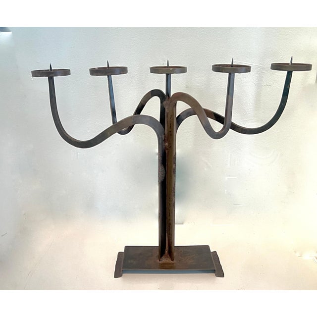 Black Pair Hand Crafted Brutalist Iron Candelabra With 5 Candle Holders For Sale - Image 8 of 12