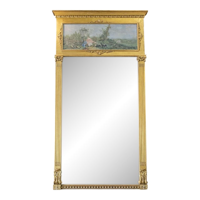 Mid-19th Century French Louis XVI Giltwood Trumeau Mirror With Original Painting, Circa 1850 For Sale