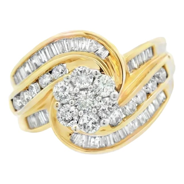 1990s 14k Yellow Gold Diamond Swirl Ring, Size 9 For Sale