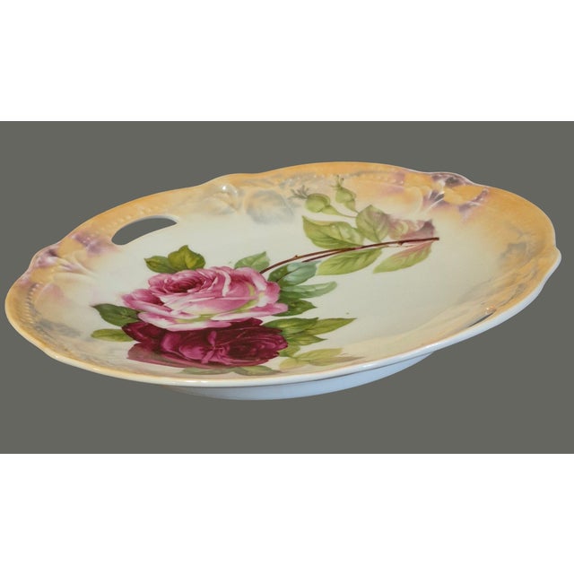 Vintage Romantic Roses Luster Edge Pierced Handles Serving Dissert Platter From Germany For Sale - Image 6 of 7