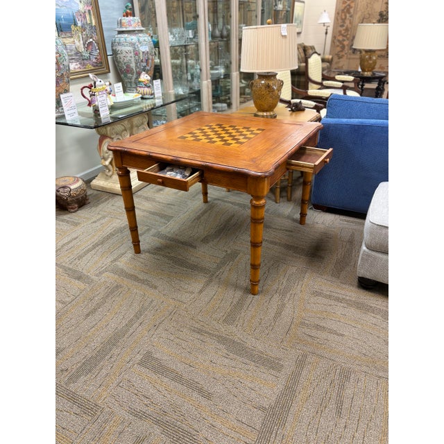 Hollywood Regency Faux Bamboo Table Set, Mahjong, Card/Game Table With 4 Chairs. Fully Refurbished With New Upholstery. For Sale - Image 3 of 8