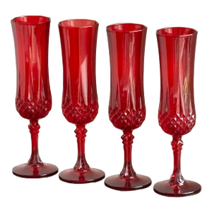 French Cristal d'Arques Ruby Red Cut Crystal Champagne Flutes -- Set of 4